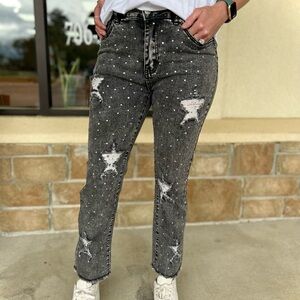 Distressed Black Denim Jeans with White Star & Rhinestone Accents